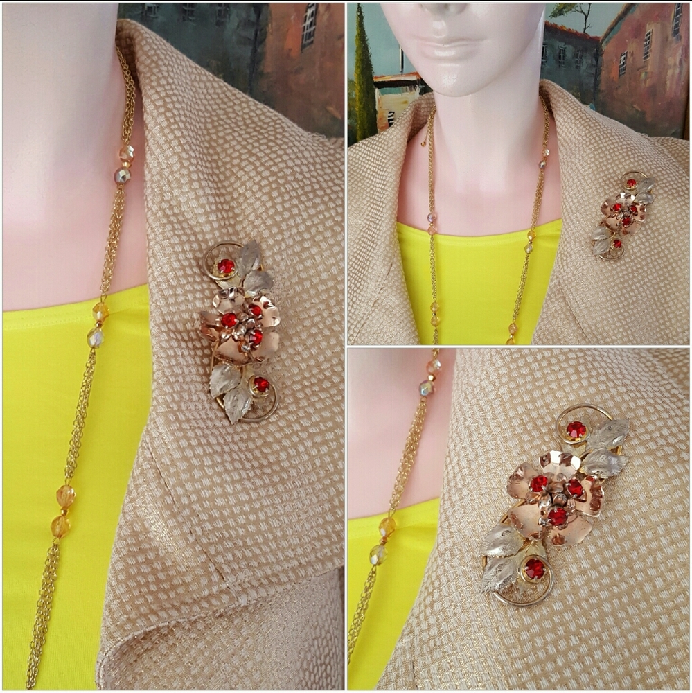 Vintage Sterling Floral Brooch w/Crimson Crystals